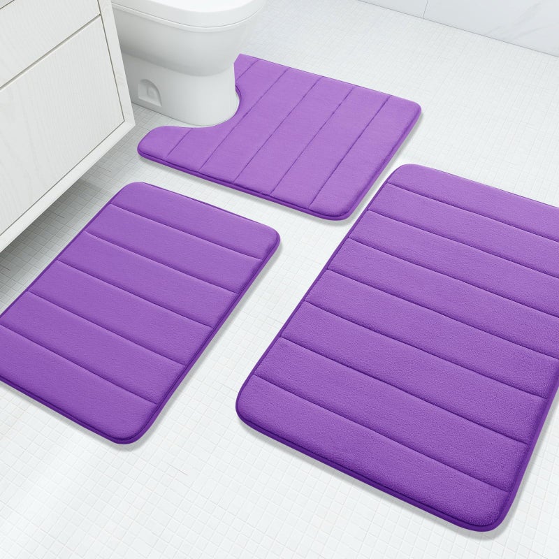 Buganda Memory Foam 3 Pieces Bathroom Rugs Set - Thick Soft Absorbent Non-Slip Bath Mats, Washable Small/Large/Contour Bath Rugs (24" x 16" + 30" x 20" + 24" x 20", Purple) - Image 1